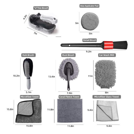 Type B 9-Piece Car Wash Tool Kit - Tire & Wheel Brushes, Wash Mitt, Microfiber Towels, and Wax Sponge Set.