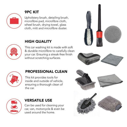 Type B 9-Piece Car Wash Tool Kit - Tire & Wheel Brushes, Wash Mitt, Microfiber Towels, and Wax Sponge Set.