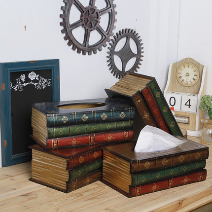 1 Piece Dark Blue Vintage Wooden Tissue Box - Creative Book-Shaped Tissue Holder for Home and Restaurant.