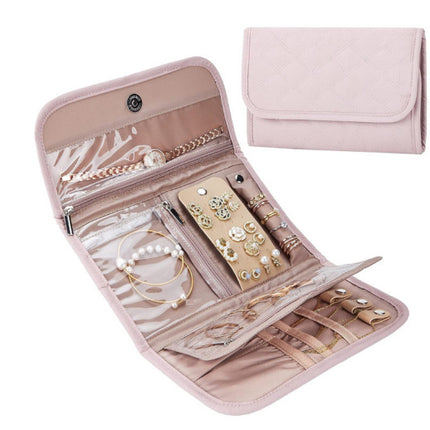 Pink Portable Travel Jewelry Organizer Roll - Foldable Jewelry Storage Pouch for Earrings, Rings, and Necklaces(Jewellery is a shooting prop and is not included).