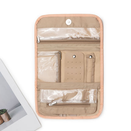 Pink Portable Travel Jewelry Organizer Roll - Foldable Jewelry Storage Pouch for Earrings, Rings, and Necklaces(Jewellery is a shooting prop and is not included).