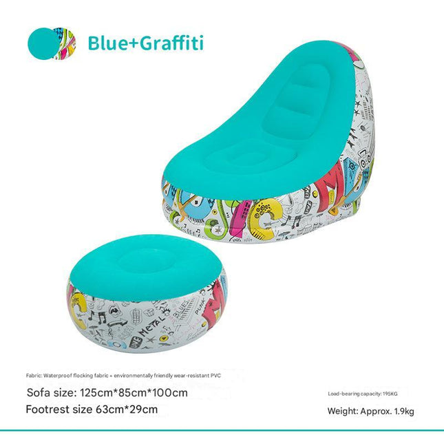 Blue Graffiti Portable Inflatable Sofa Chair with Ottoman - Waterproof Flocked Lazy Sofa for Camping and Home Use.