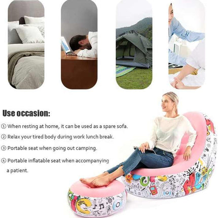 Blue Graffiti Portable Inflatable Sofa Chair with Ottoman - Waterproof Flocked Lazy Sofa for Camping and Home Use.