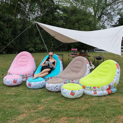 Blue Graffiti Portable Inflatable Sofa Chair with Ottoman - Waterproof Flocked Lazy Sofa for Camping and Home Use.
