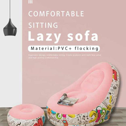 Blue Graffiti Portable Inflatable Sofa Chair with Ottoman - Waterproof Flocked Lazy Sofa for Camping and Home Use.