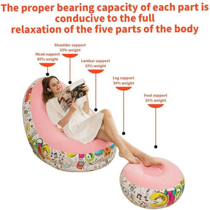 Blue Graffiti Portable Inflatable Sofa Chair with Ottoman - Waterproof Flocked Lazy Sofa for Camping and Home Use.