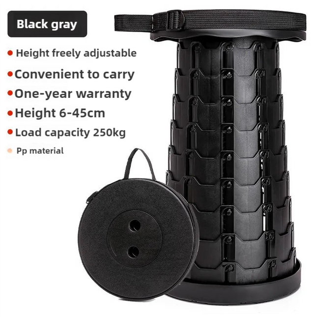 Black Portable Outdoor Telescopic Folding Stool with 100 Weight-Bearing Buckles, Lightweight and Compact Design, Perfect for Fishing, Camping, and Travel.