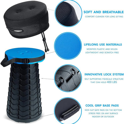 Black Portable Outdoor Telescopic Folding Stool with 100 Weight-Bearing Buckles, Lightweight and Compact Design, Perfect for Fishing, Camping, and Travel.