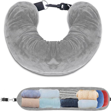 Grey Suede Portable Refillable Travel Neck Pillow with Storage Bag -Lightweight and Compact for Airplane, Car, and Train - Multi-Purpose Travel Organizer.