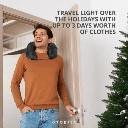 Grey Suede Portable Refillable Travel Neck Pillow with Storage Bag -Lightweight and Compact for Airplane, Car, and Train - Multi-Purpose Travel Organizer.