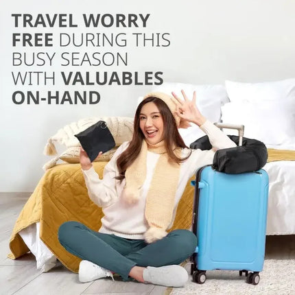 Grey Suede Portable Refillable Travel Neck Pillow with Storage Bag -Lightweight and Compact for Airplane, Car, and Train - Multi-Purpose Travel Organizer.