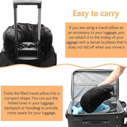 Grey Suede Portable Refillable Travel Neck Pillow with Storage Bag -Lightweight and Compact for Airplane, Car, and Train - Multi-Purpose Travel Organizer.