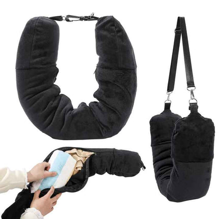 Grey Suede Portable Refillable Travel Neck Pillow with Storage Bag -Lightweight and Compact for Airplane, Car, and Train - Multi-Purpose Travel Organizer.