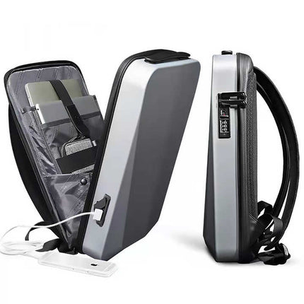 Silver Premium Hard Shell Business Backpack with TSA Lock and USB Charging Port, Waterproof Laptop Bag for Men.