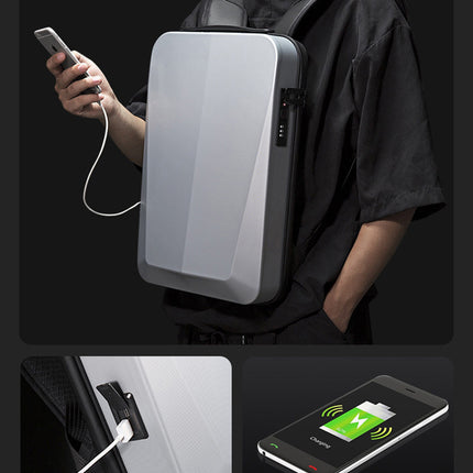 Silver Premium Hard Shell Business Backpack with TSA Lock and USB Charging Port, Waterproof Laptop Bag for Men.
