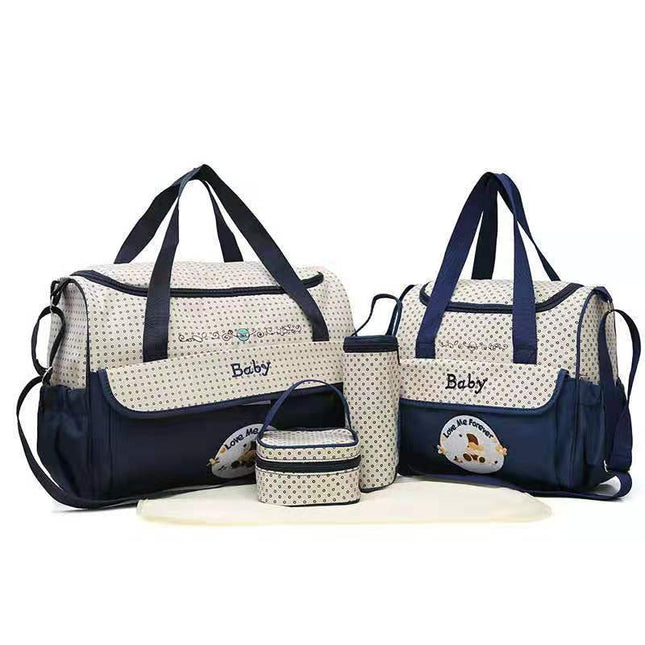 Dark Blue 5-Piece Mommy Bag Set - Large Capacity Diaper Bags for Baby Travel, Tote and Shoulder Bags with Insulated Bottle Holder and Snack Bag.