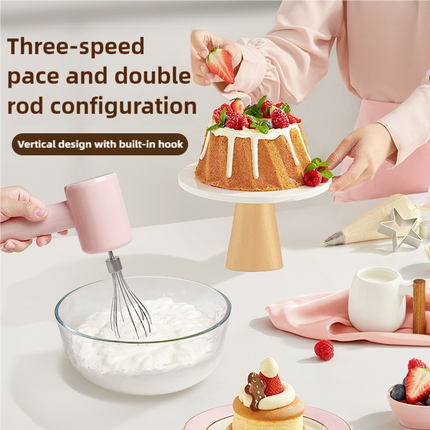 Pink Portable Electric Egg Beater with 3-Speed Adjustment, Dual Whisks, and Type-C Charging.