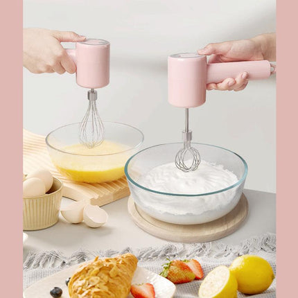 Pink Portable Electric Egg Beater with 3-Speed Adjustment, Dual Whisks, and Type-C Charging.