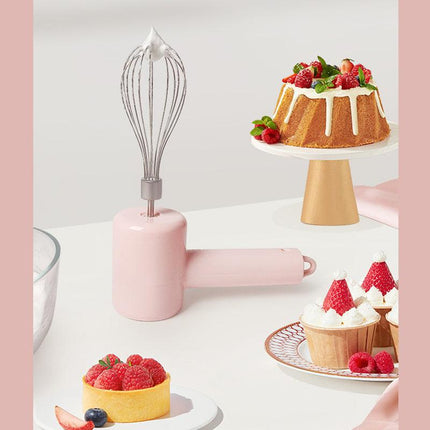 Pink Portable Electric Egg Beater with 3-Speed Adjustment, Dual Whisks, and Type-C Charging.