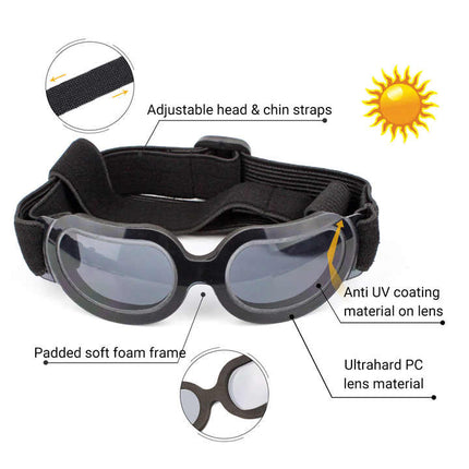 Black Lenses Pet Sunglasses for Dogs and Cats - UV Protection, Adjustable Strap, Anti-Wind and Anti-Fog Pet Goggles.