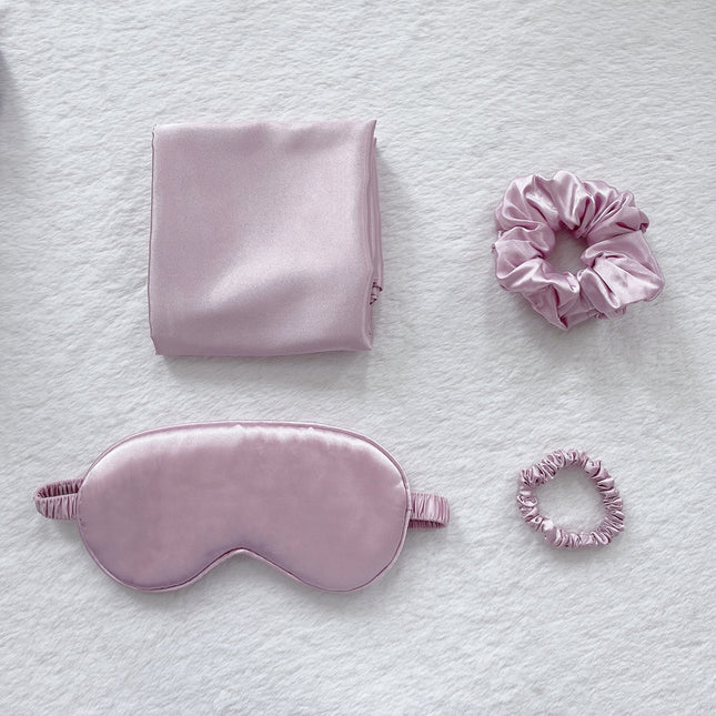 Light Gold Luxury Faux Silk Sleep Gift Set - 4-Piece Eye Mask, Pillowcase & Scrunchies for Relaxation & Comfort.