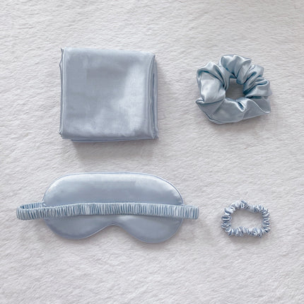 Light Gold Luxury Faux Silk Sleep Gift Set - 4-Piece Eye Mask, Pillowcase & Scrunchies for Relaxation & Comfort.