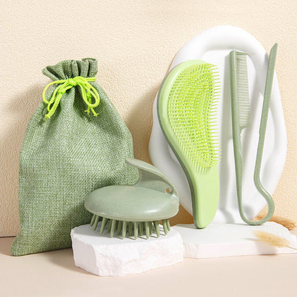 2 Pcs Green Eco-Friendly Wheat Straw Hair Care Set - Massage Brush, Detangling Comb, and V-shaped Comb for All Hair Types.