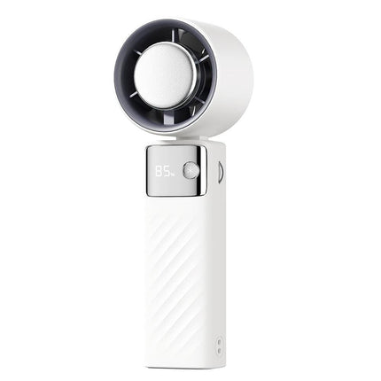 White Portable Turbo Handheld USB Rechargeable Fan with Digital Speed Display – High-Speed Cooling Fan for Outdoor Use.