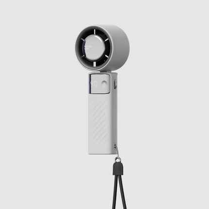 White Portable Turbo Handheld USB Rechargeable Fan with Digital Speed Display – High-Speed Cooling Fan for Outdoor Use.