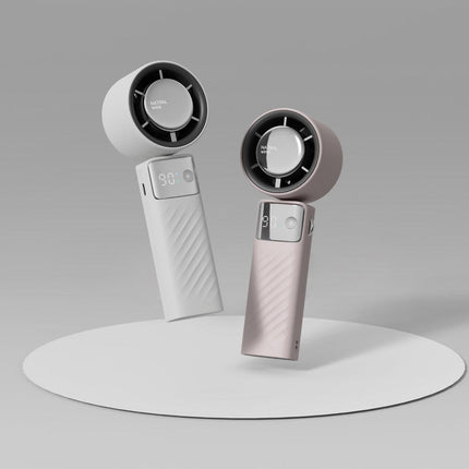 White Portable Turbo Handheld USB Rechargeable Fan with Digital Speed Display – High-Speed Cooling Fan for Outdoor Use.