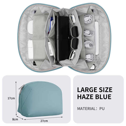 Blue Large Capacity Multi-functional PU Digital Storage Organizer Bag, Waterproof & Portable, for Cables, Chargers, and Accessories.