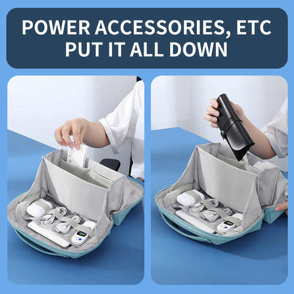 Grey Large Capacity Multi-functional PU Digital Storage Organizer Bag, Waterproof & Portable, for Cables, Chargers, and Accessories.