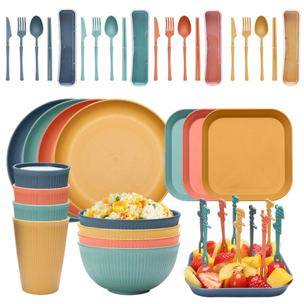 Four-person Set Multicolor Eco-Friendly Wheat Straw Dinnerware Set,  Plate, Bowl, Cup & Utensil Set - Lightweight, Reusable, and Durable for Home, School, and Travel.