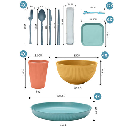 Four-person Set Multicolor Eco-Friendly Wheat Straw Dinnerware Set,  Plate, Bowl, Cup & Utensil Set - Lightweight, Reusable, and Durable for Home, School, and Travel.