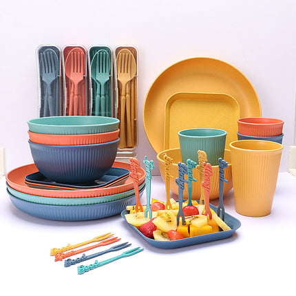 Four-person Set Multicolor Eco-Friendly Wheat Straw Dinnerware Set,  Plate, Bowl, Cup & Utensil Set - Lightweight, Reusable, and Durable for Home, School, and Travel.
