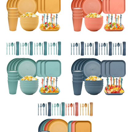 Four-person Set Multicolor Eco-Friendly Wheat Straw Dinnerware Set,  Plate, Bowl, Cup & Utensil Set - Lightweight, Reusable, and Durable for Home, School, and Travel.