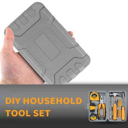 Yellow 24-Piece Household Tool Set, Complete Home Repair Kit with Tape Measure, Pliers, Screwdrivers, Hammer, and 12 Bits Set.