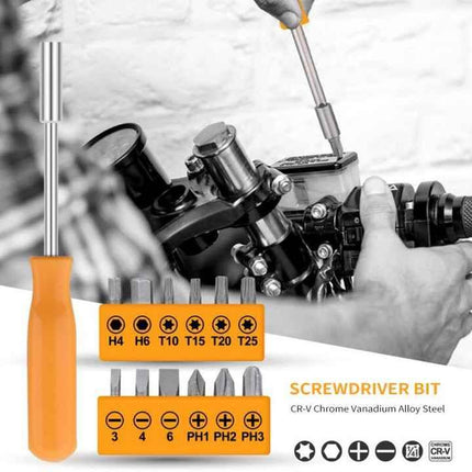 Yellow 24-Piece Household Tool Set, Complete Home Repair Kit with Tape Measure, Pliers, Screwdrivers, Hammer, and 12 Bits Set.