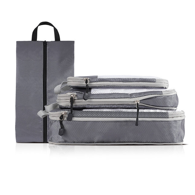4-piece Set Grey Compression Travel Storage Bags Set, Mesh Travel Organizers for Luggage, Foldable and Space-Saving Packing Cubes.