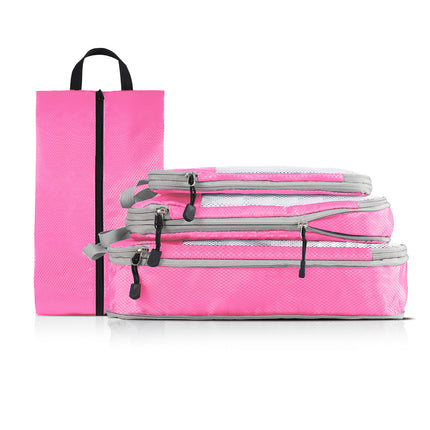 4-piece Set Pink Compression Travel Storage Bags Set, Mesh Travel Organizers for Luggage, Foldable and Space-Saving Packing Cubes.
