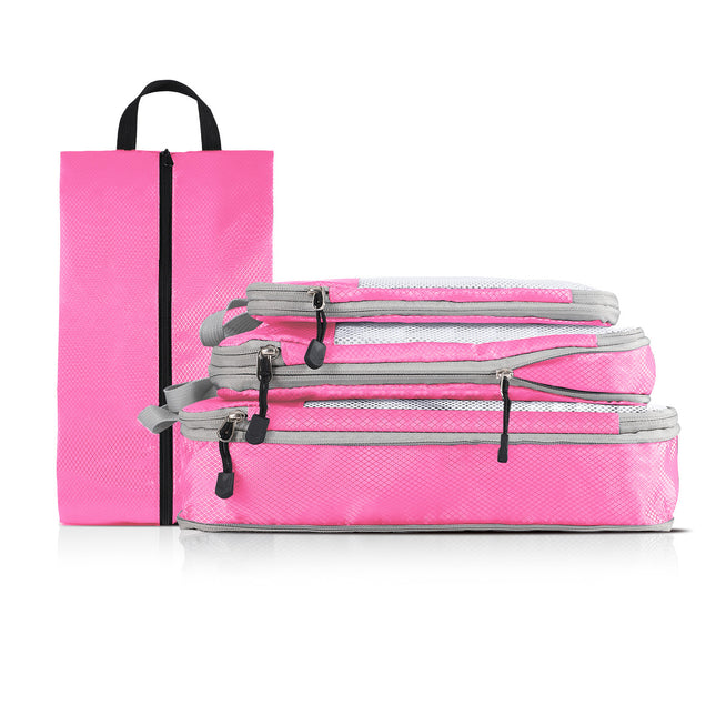 4-piece Set Pink Compression Travel Storage Bags Set, Mesh Travel Organizers for Luggage, Foldable and Space-Saving Packing Cubes.