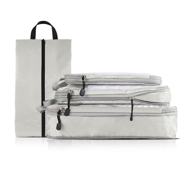 4-piece Set Beige Compression Travel Storage Bags Set, Mesh Travel Organizers for Luggage, Foldable and Space-Saving Packing Cubes.
