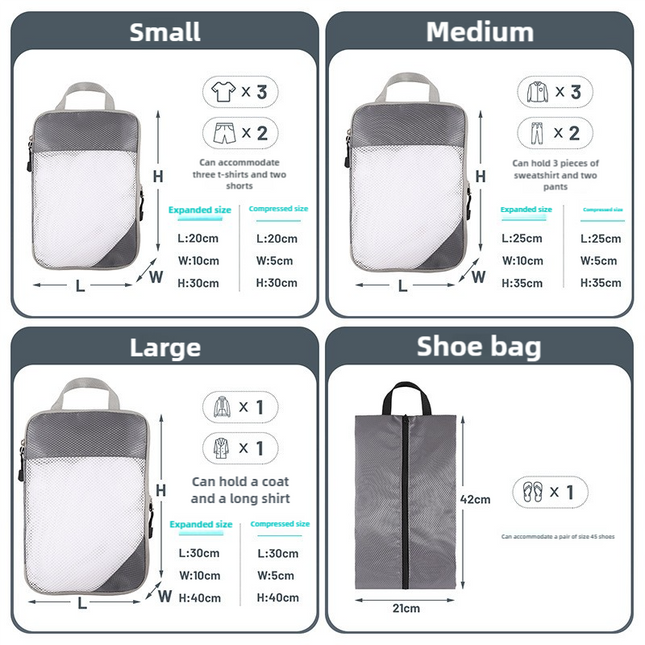 4-piece Set Beige Compression Travel Storage Bags Set, Mesh Travel Organizers for Luggage, Foldable and Space-Saving Packing Cubes.
