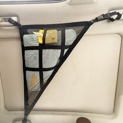 Beige Car Roof Triangular Storage Net - Adjustable Ceiling Organizer for Vehicles.