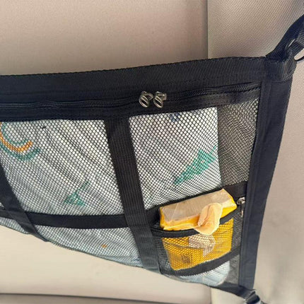 Beige Car Roof Triangular Storage Net - Adjustable Ceiling Organizer for Vehicles.