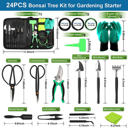 24-Piece Bonsai Tree Tool Kit for Gardening Starters – Complete Bonsai Care Set with Organizer Bag.