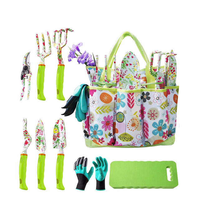 Green 9-Piece Floral Garden Tool Set for Women – Complete Gardening Kit with Tote Bag, Pruners, and Gloves.