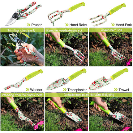 Green 9-Piece Floral Garden Tool Set for Women – Complete Gardening Kit with Tote Bag, Pruners, and Gloves.