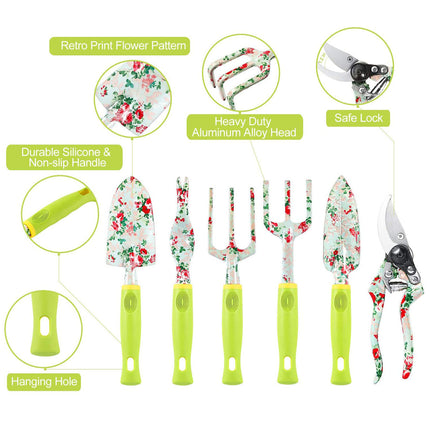 Green 9-Piece Floral Garden Tool Set for Women – Complete Gardening Kit with Tote Bag, Pruners, and Gloves.