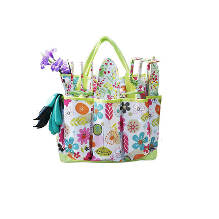 Green 9-Piece Floral Garden Tool Set for Women – Complete Gardening Kit with Tote Bag, Pruners, and Gloves.